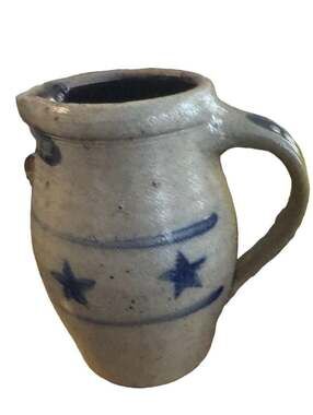 Rowe Pottery Works Salt Glazed Stoneware Pitcher with Blue Star Pattern